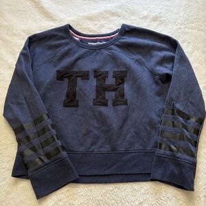 TOMMY HILFIGER Blue Black Logo TH Cropped Sweatshirt Pullover Crewneck Large